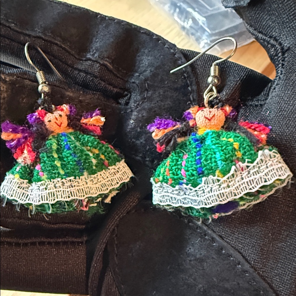 Handcrafted Doll Earrings with Green Dress